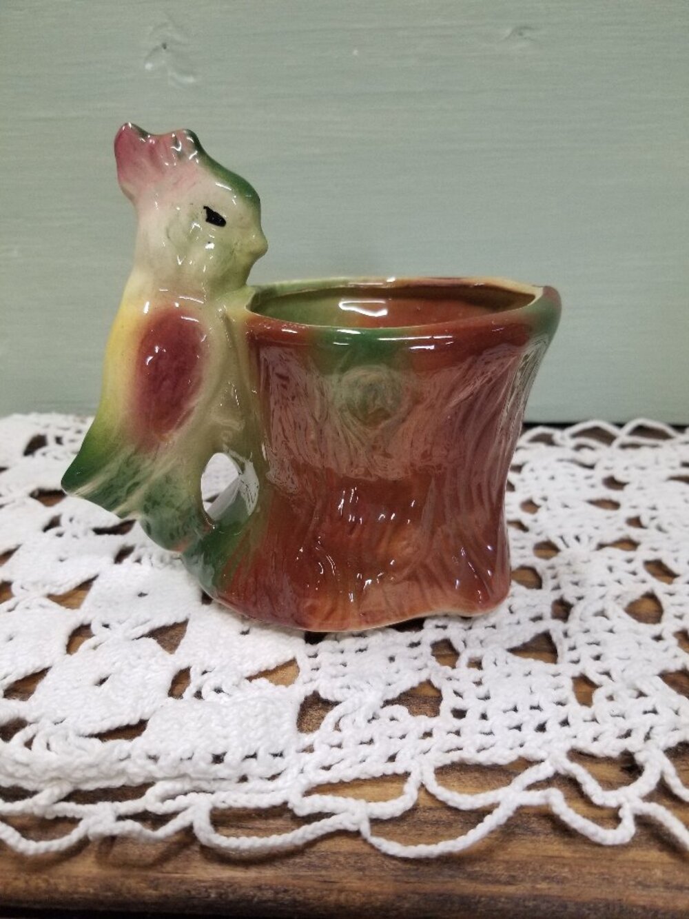Vintage Pottery Planter Parakeet Bird Log Tree